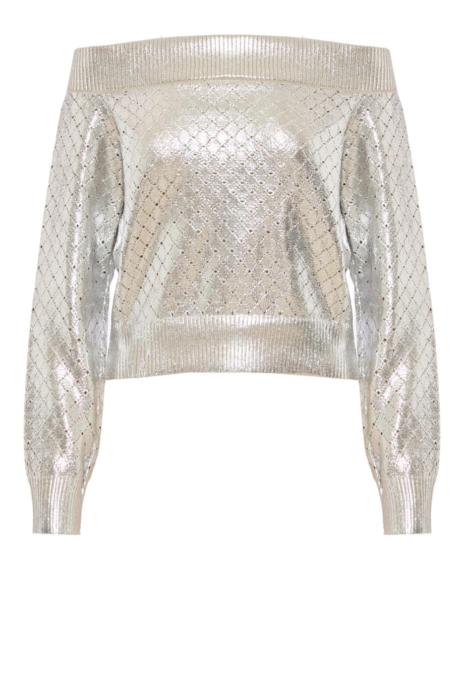 Foil off-shoulder sweater in silver