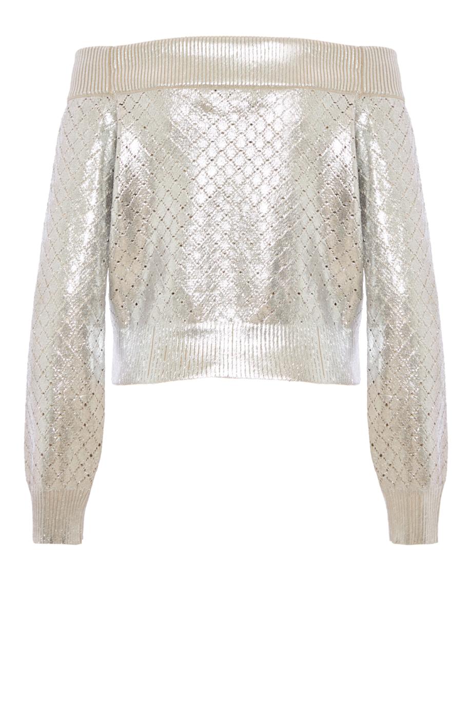 Foil off-shoulder sweater in silver