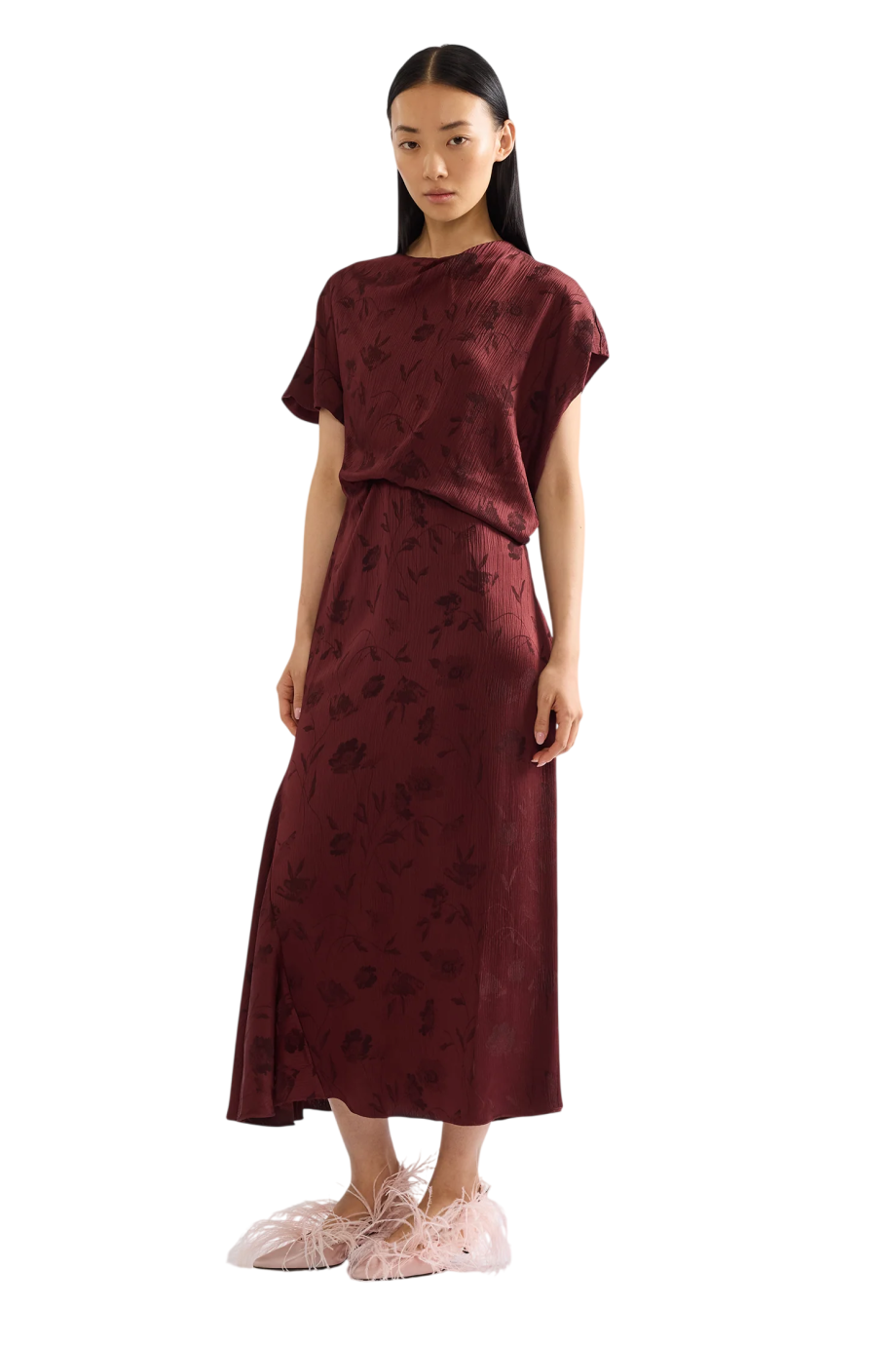 Floral jacquard crepe midi dress in bordeaux