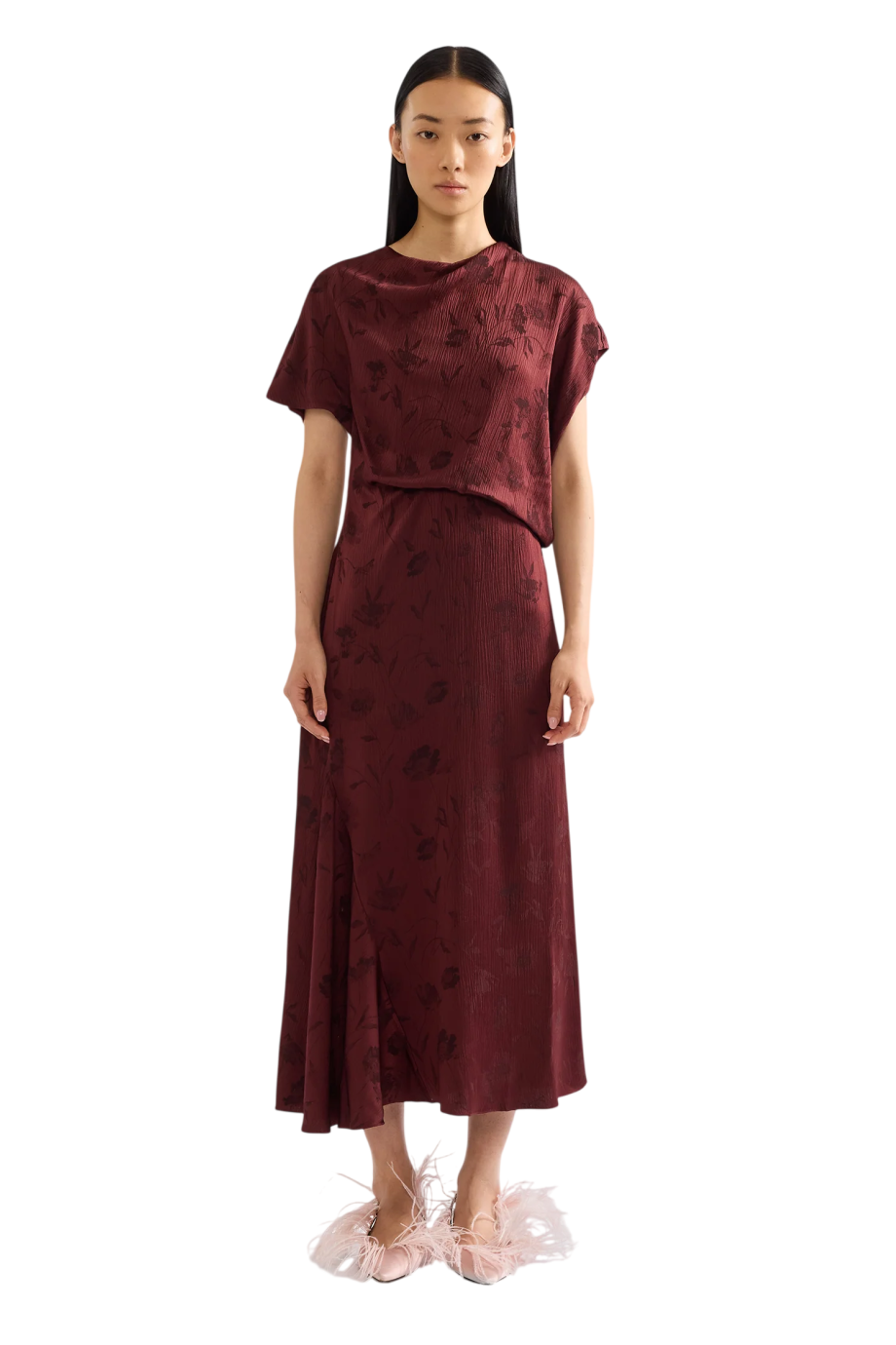 Floral jacquard crepe midi dress in bordeaux