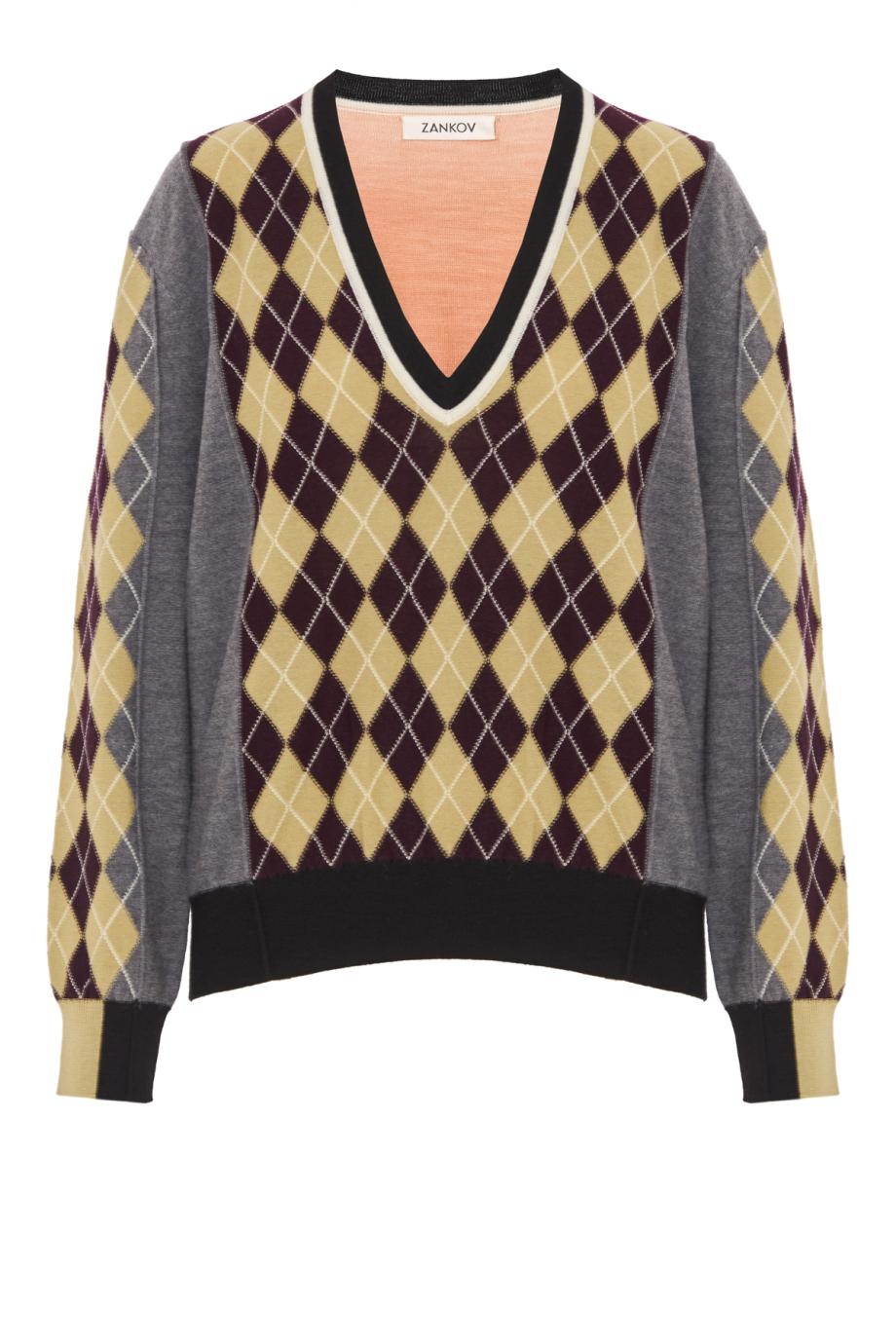 Teddy colourblock wool V-neck sweater in grey melange