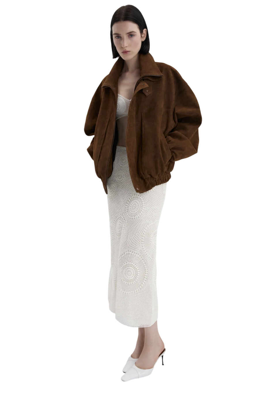Snap-collar suede aviator jacket in brown