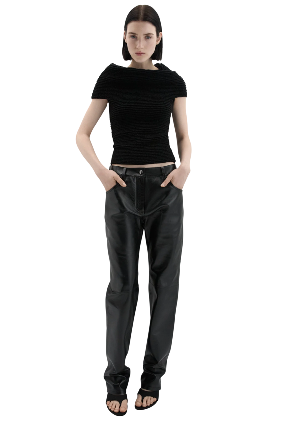Leather straight-leg pants in black