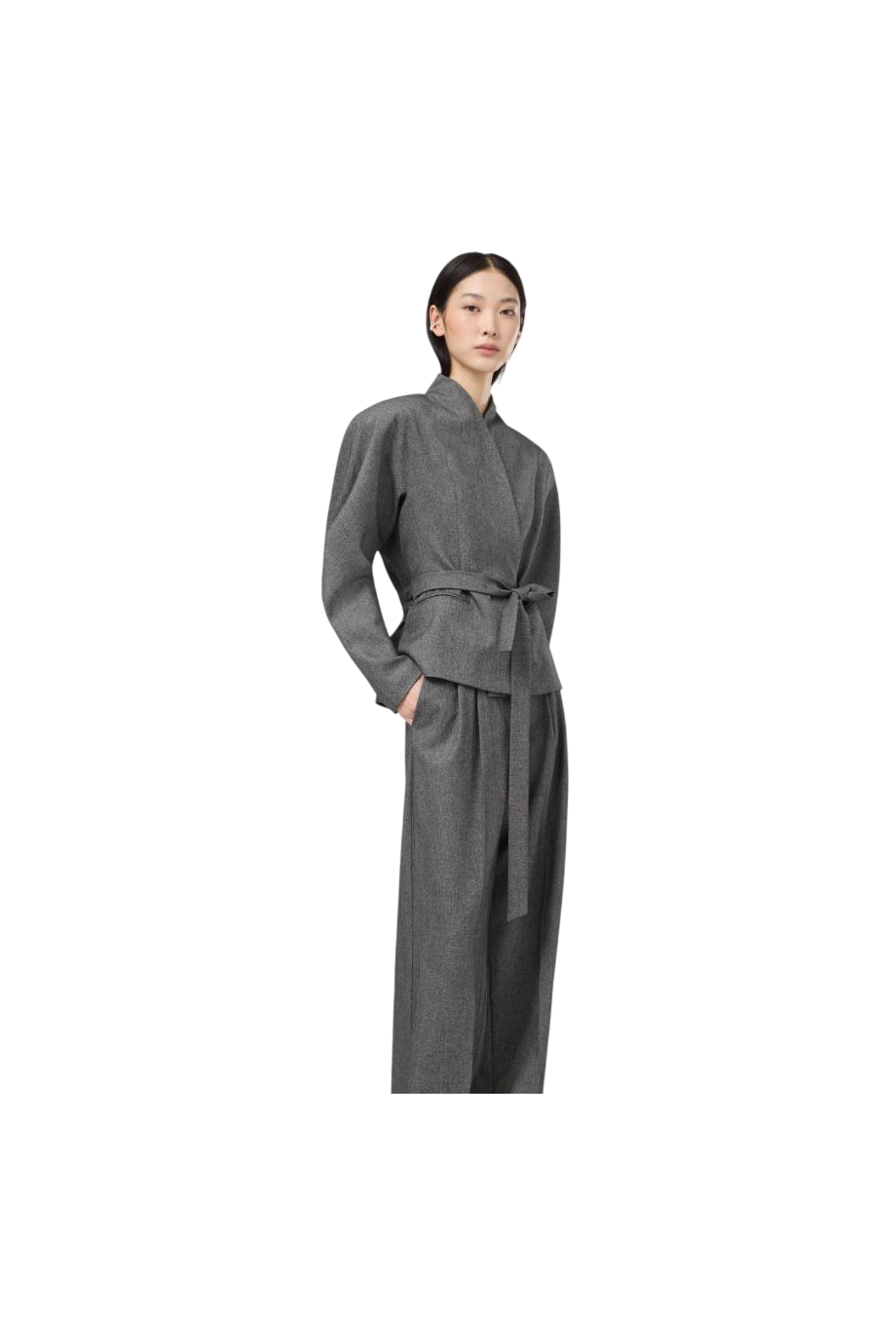 Margaux rounded-shoulder wrap blazer in grey and black
