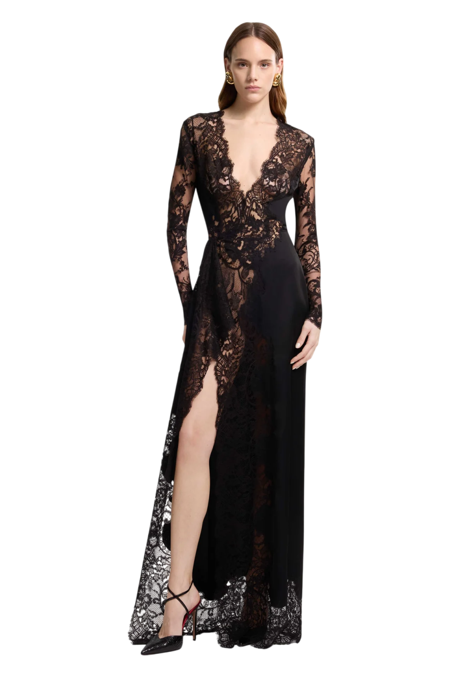Floral lace V-neck gown in black