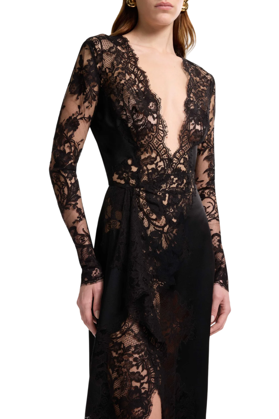 Floral lace V-neck gown in black