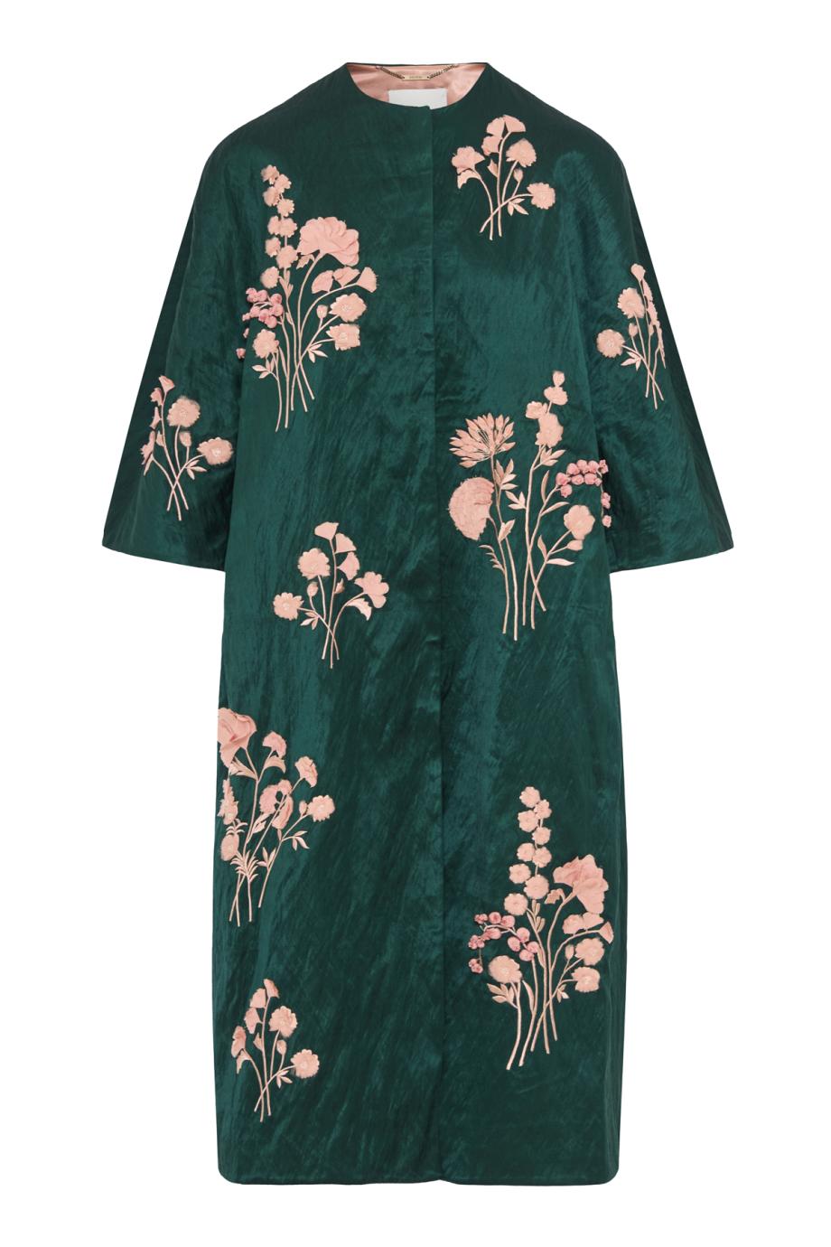 Embroidered textured satin coat in forest green