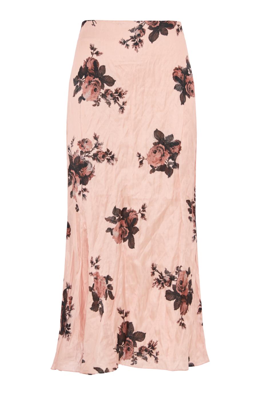 Floral crushed satin draped midi skirt in petal pink