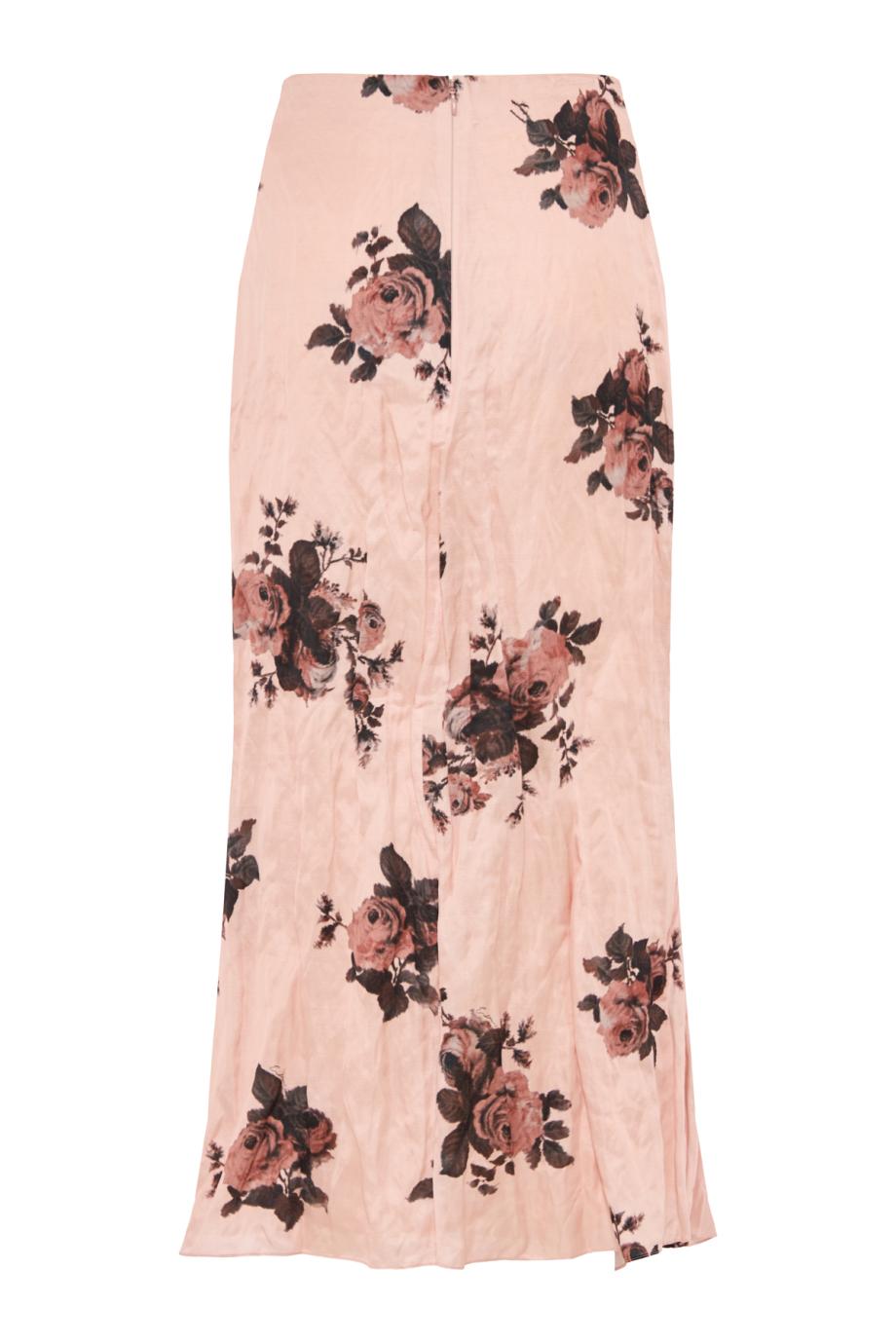 Floral crushed satin draped midi skirt in petal pink