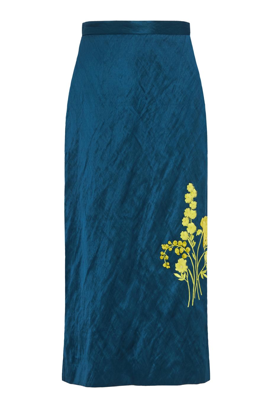 Embroidered textured satin midi pencil skirt in smokey blue