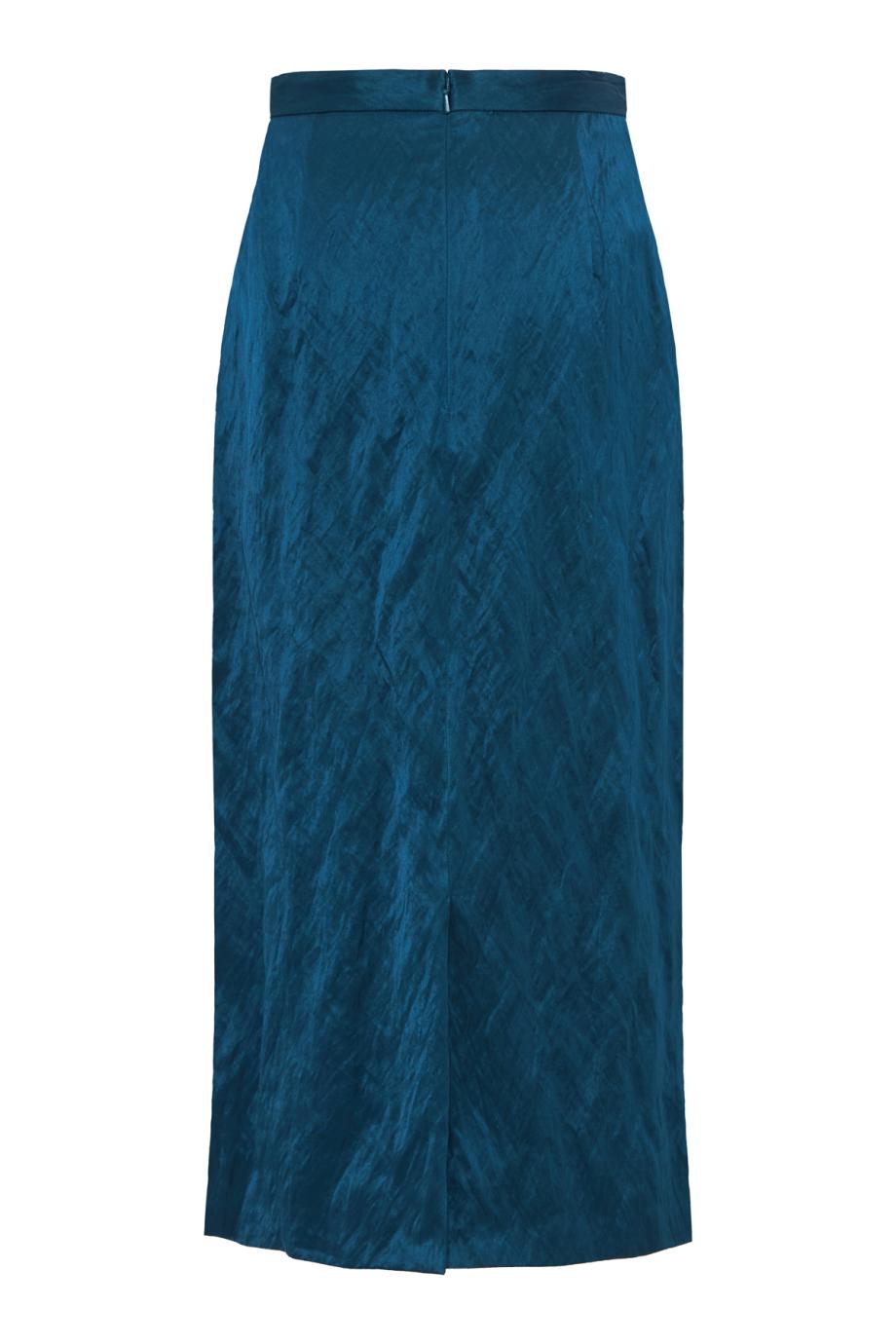 Embroidered textured satin midi pencil skirt in smokey blue