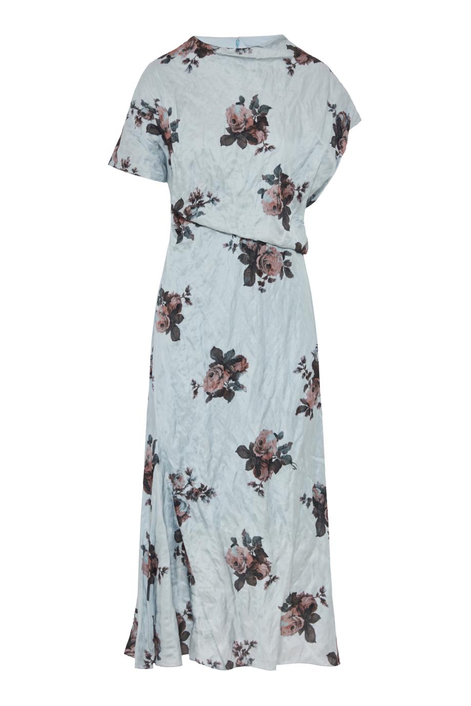 Margot floral crushed satin asymmetric midi dress in artists blue