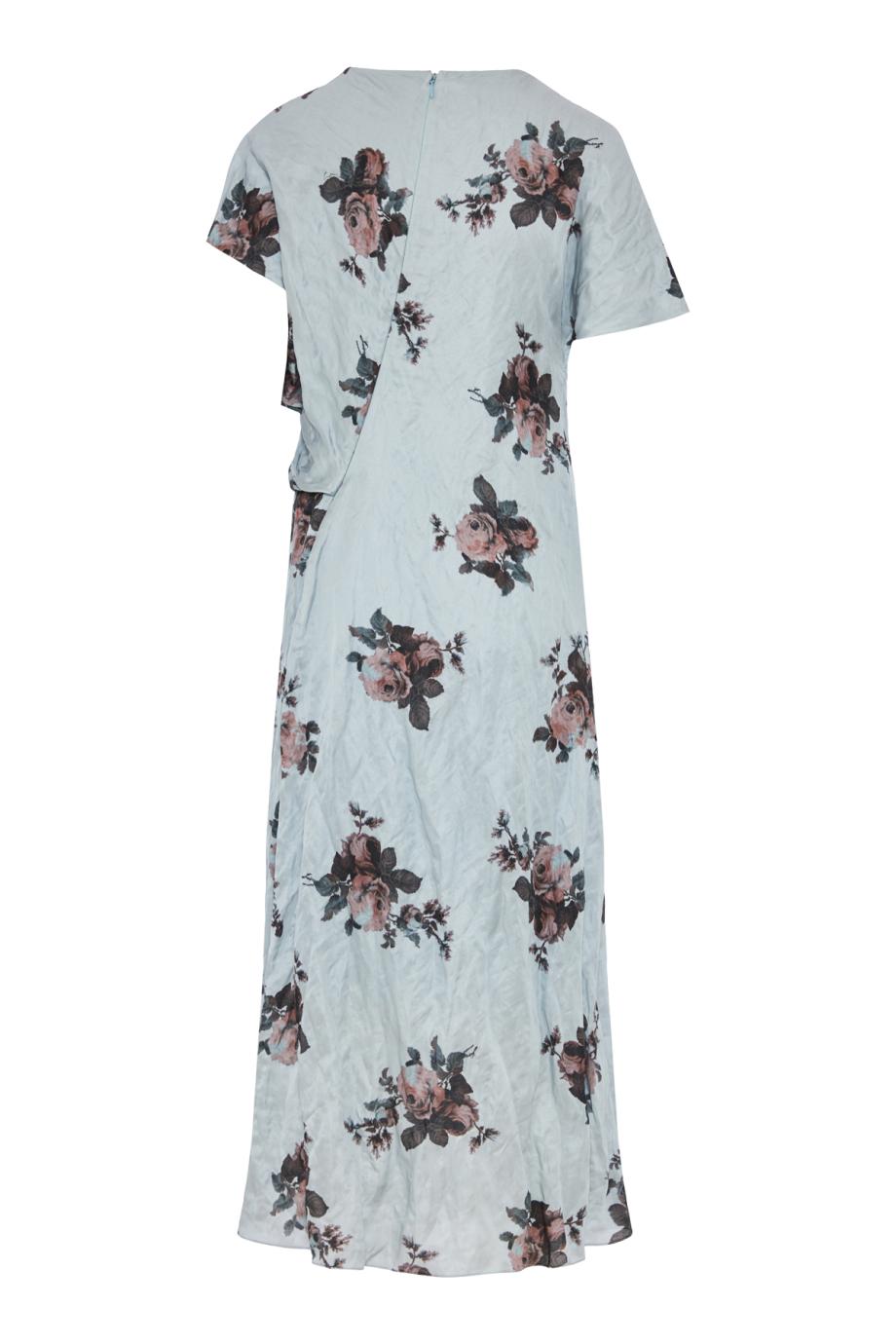 Margot floral crushed satin asymmetric midi dress in artists blue