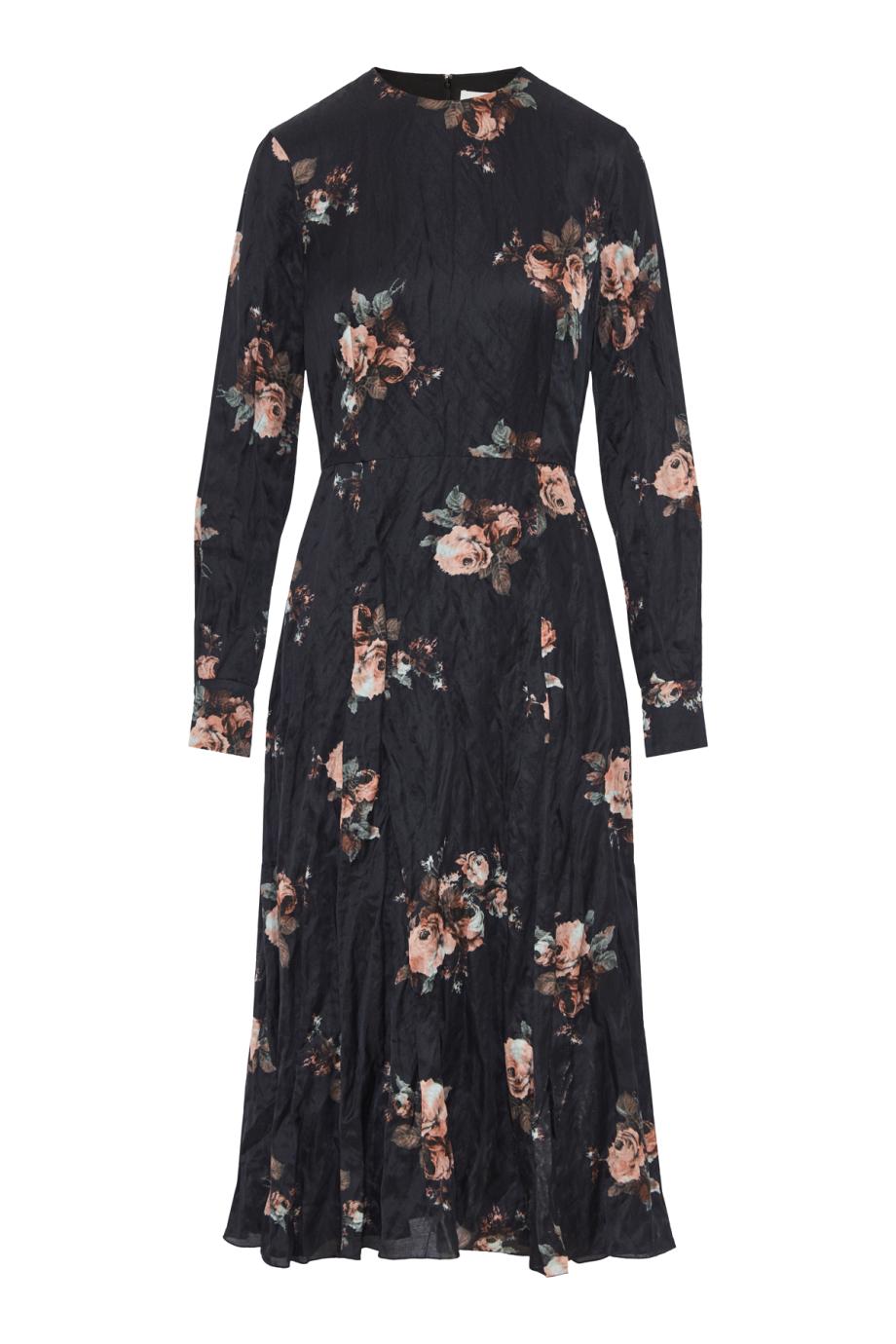 Floral crushed satin long sleeve midi dress in black