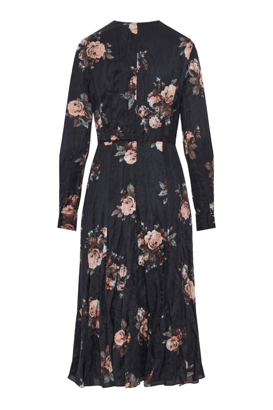 Floral crushed satin long sleeve midi dress in black