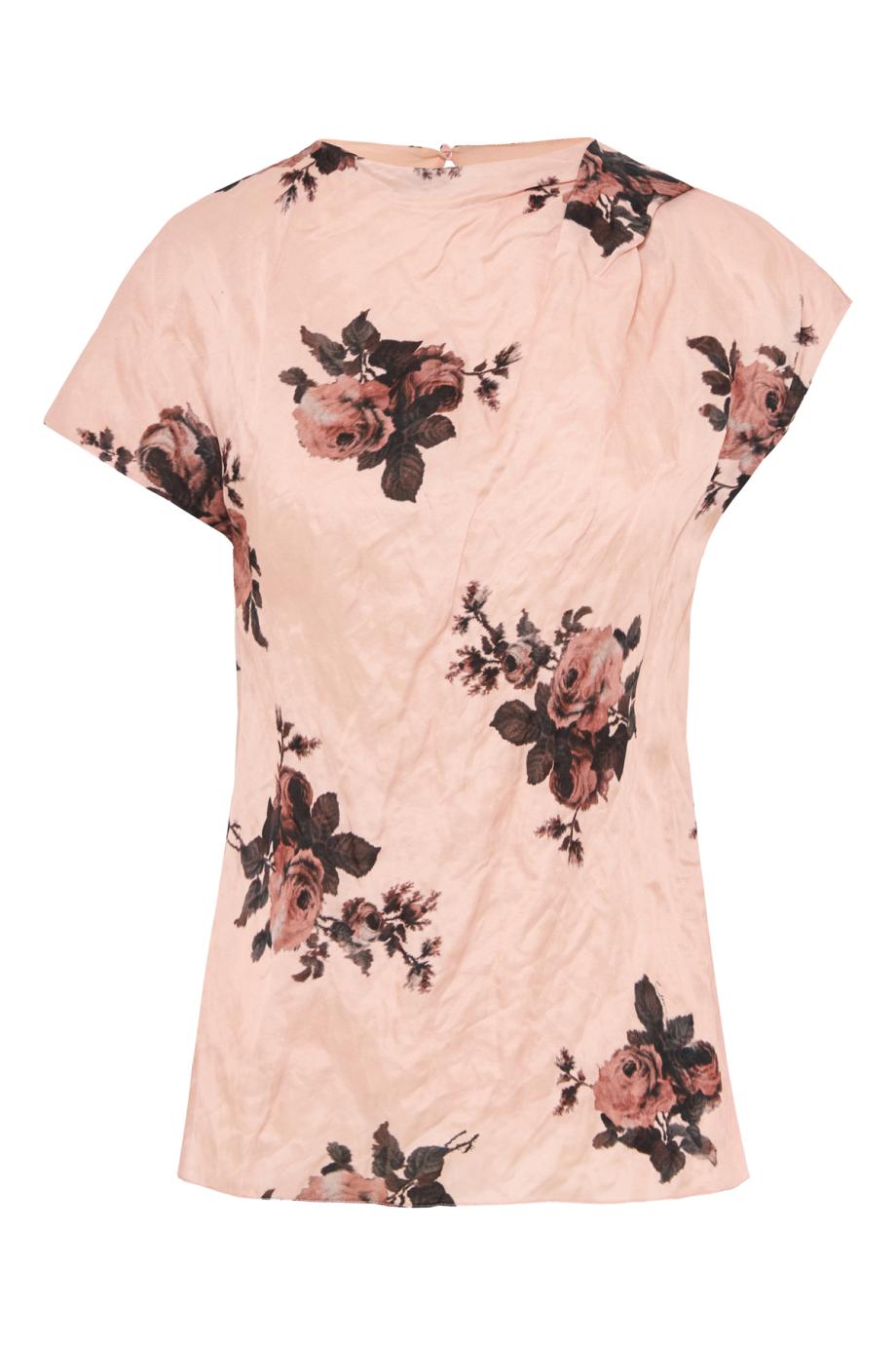 Floral crushed satin short sleeve draped top in petal pink