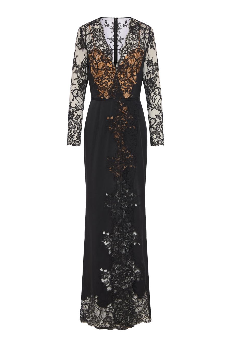Floral lace V-neck gown in black
