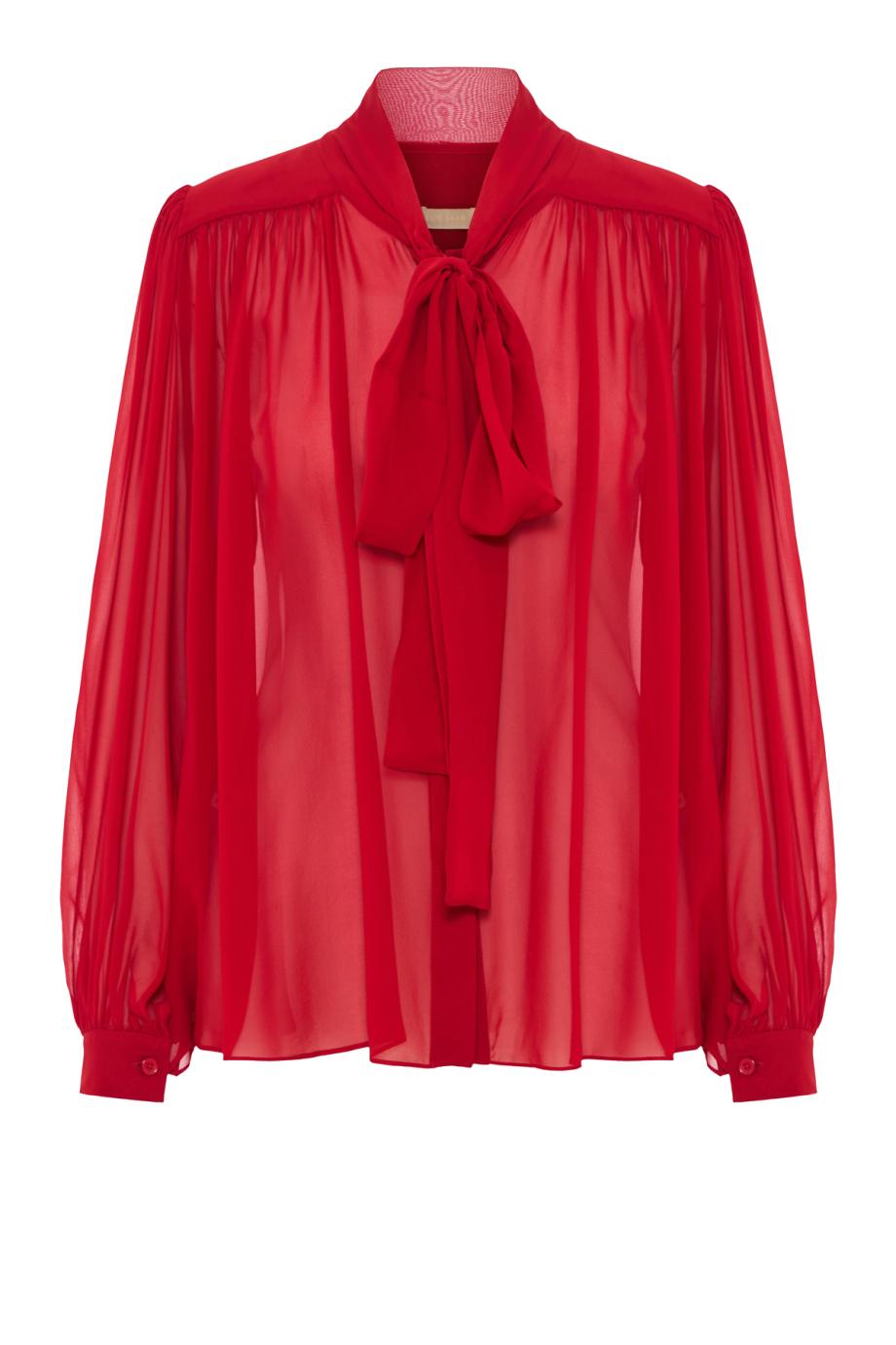 Silk tie-neck balloon-sleeve blouse in sunset flame