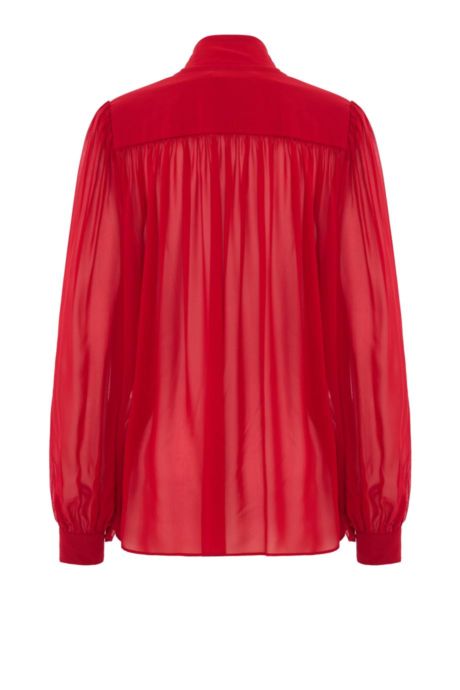 Silk tie-neck balloon-sleeve blouse in sunset flame