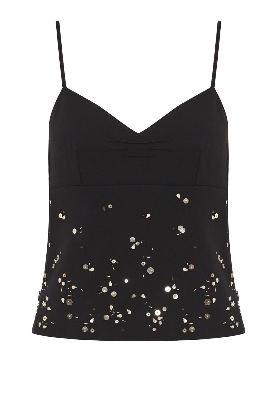 Embroidered wool sablé top in black