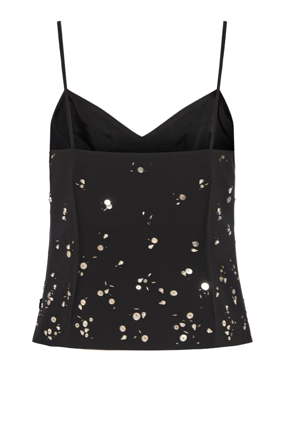 Embroidered wool sablé top in black
