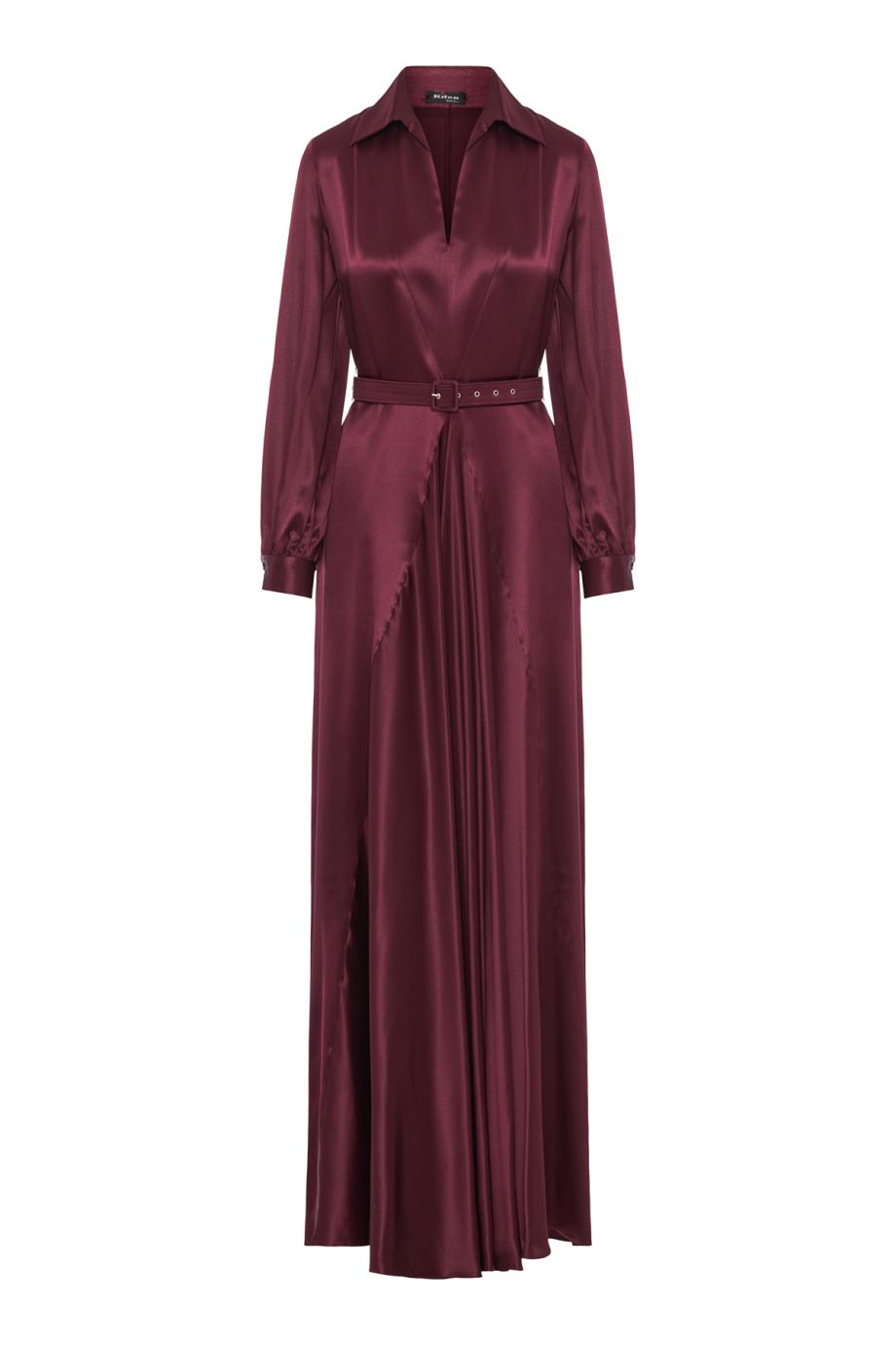 Silk belted shirt-collar gown in bordeaux