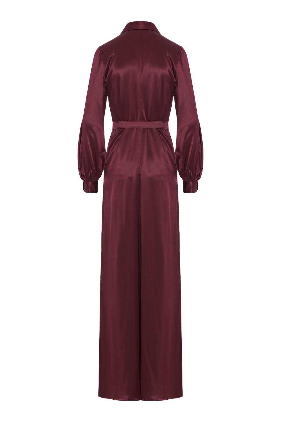 Silk belted shirt-collar gown in bordeaux