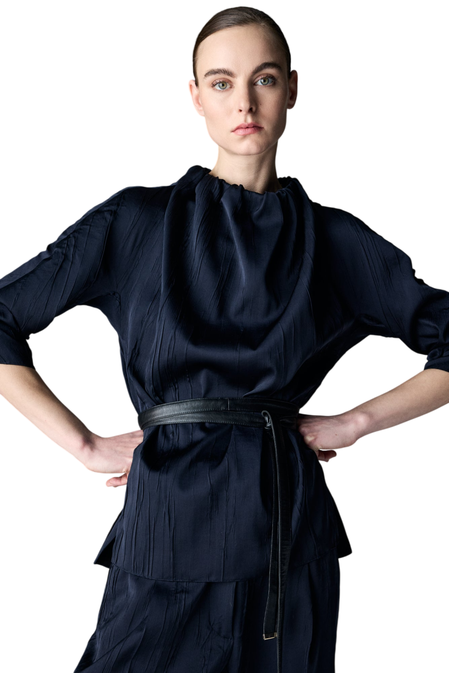 Ferola crinkled tie-waist tunic in blue marine