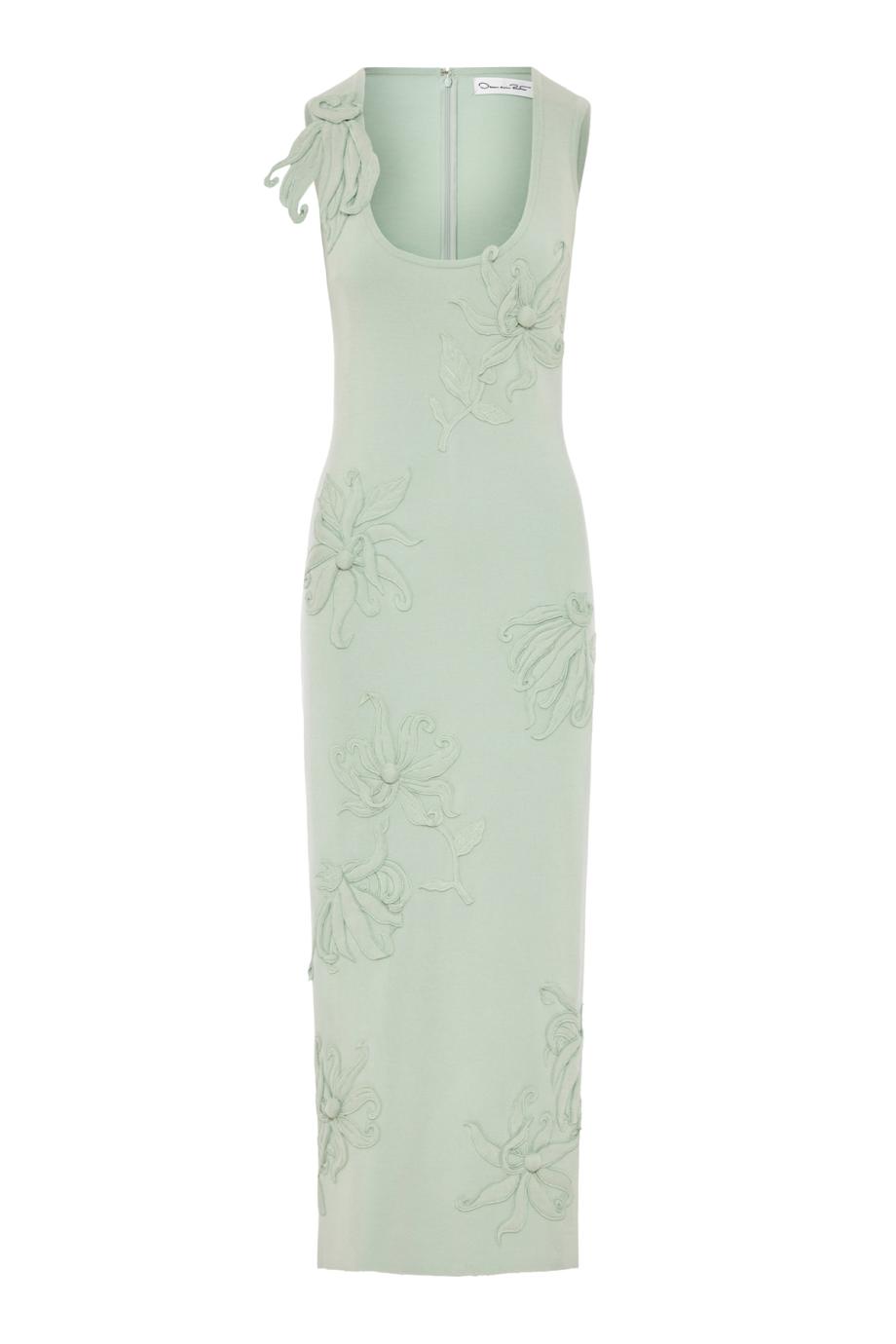 Hibiscus embroidered wool pencil dress in saltwater