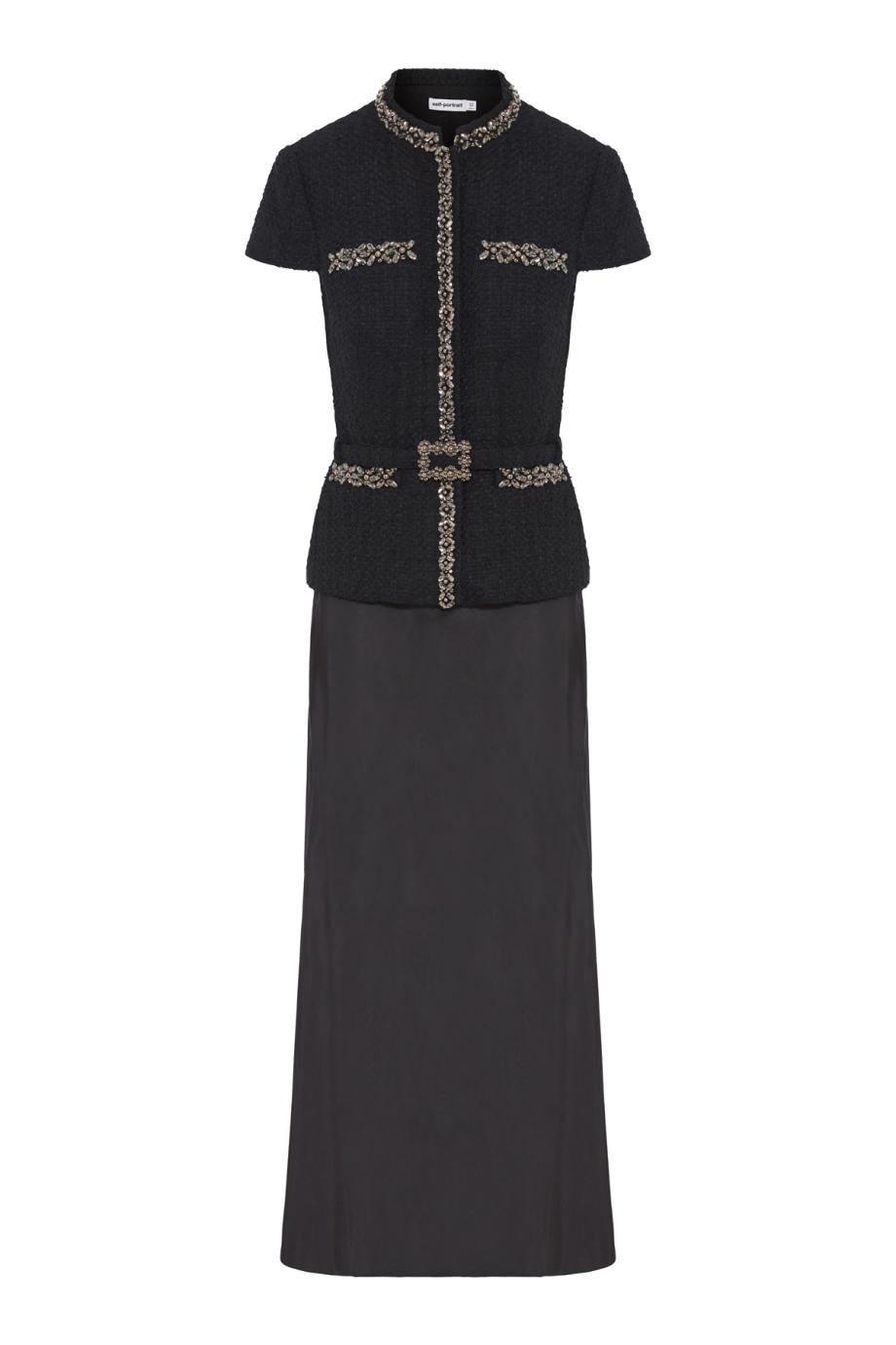 Bouclé crystal-trim satin midi dress in black