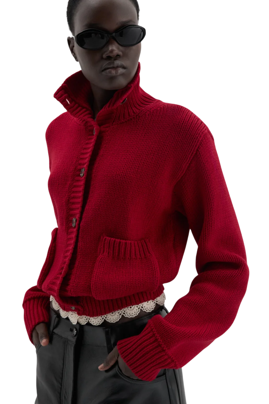 Cinched wool cardigan with high collar and lace trim in red