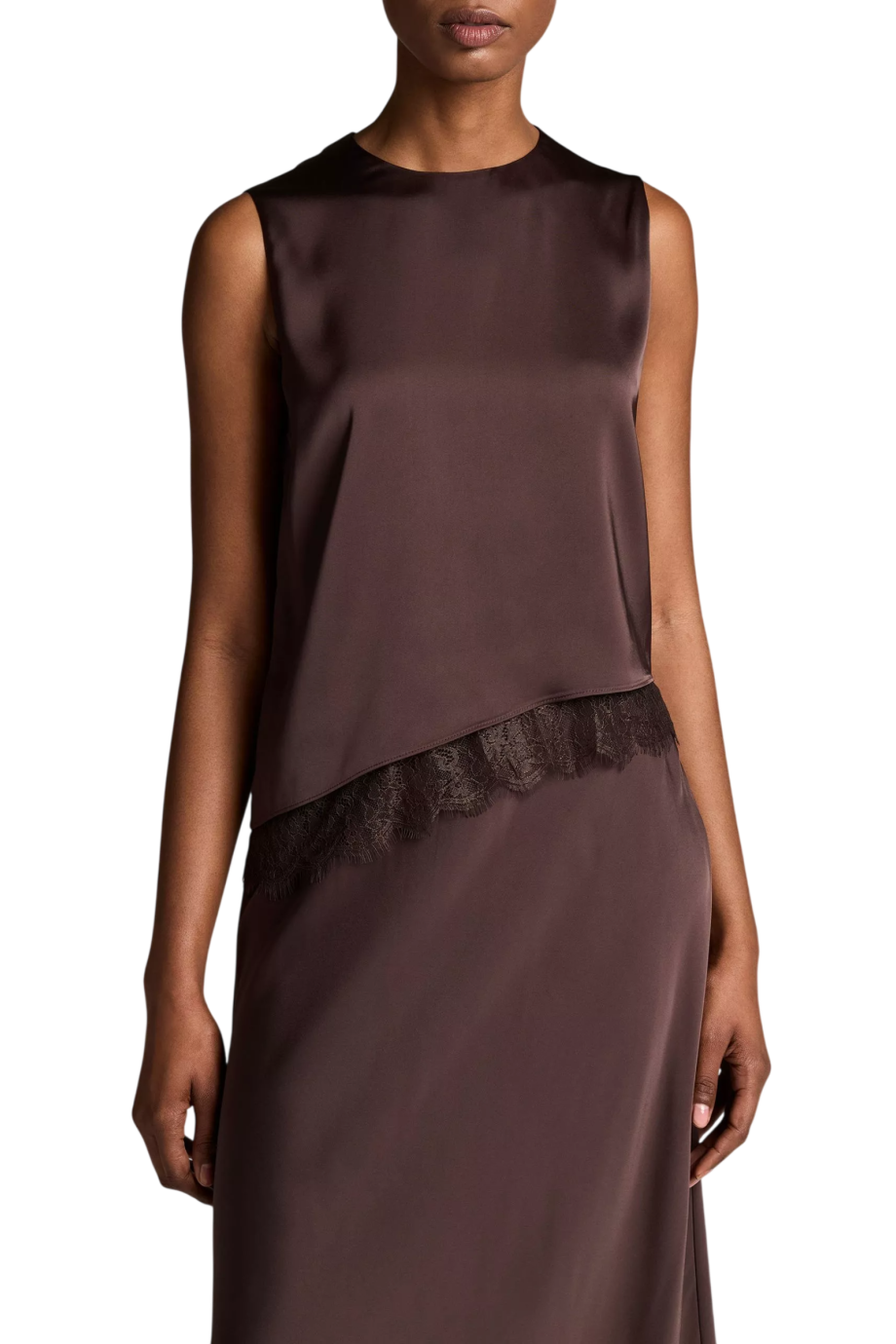 Lace-trim satin asymmetric shell in iron