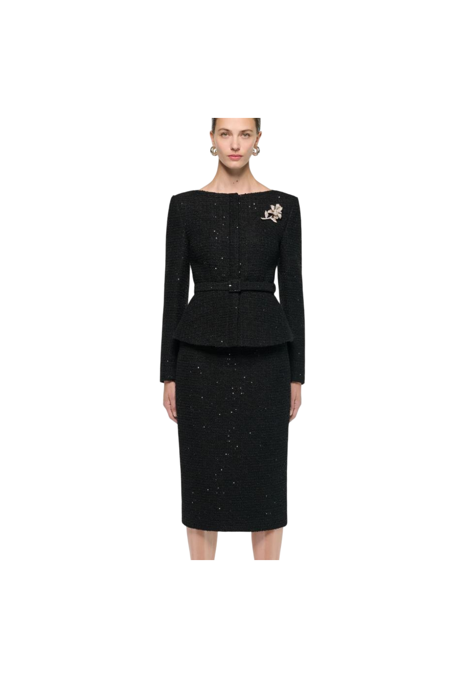Flower-brooch boucle jacket in black
