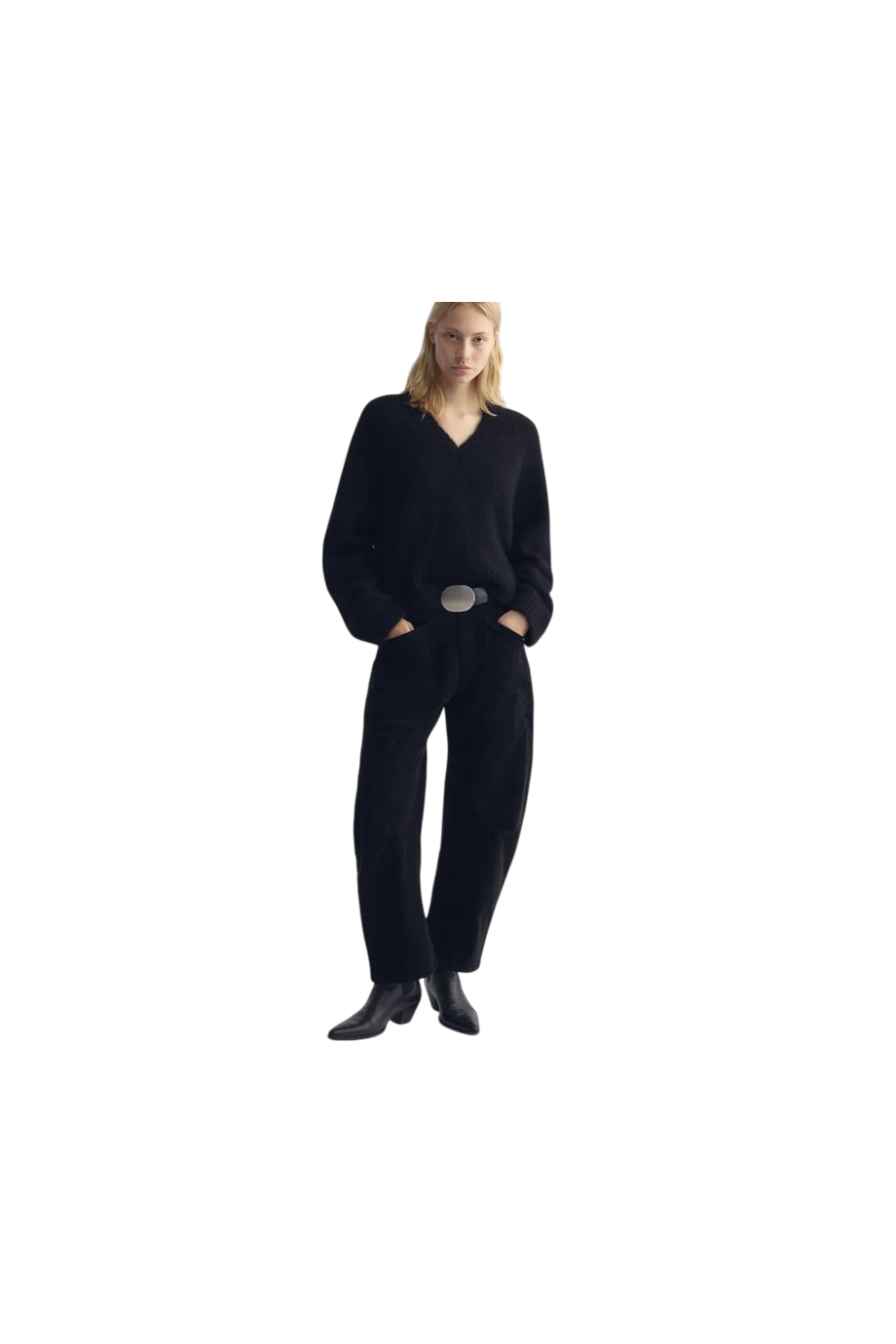Shon corduroy barrel-leg pants in dark charcoal