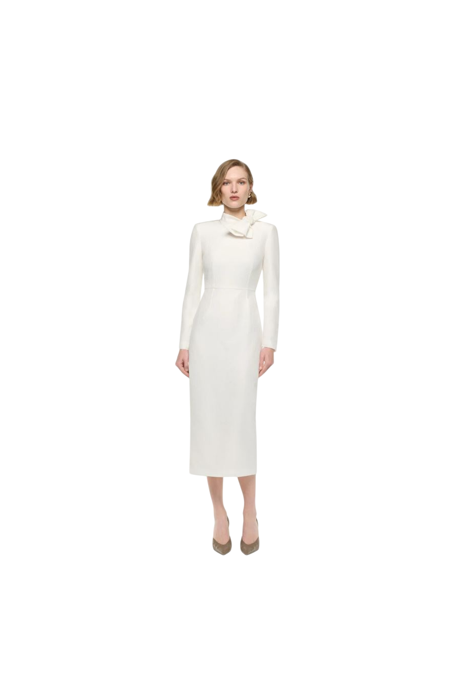 Silk-ramie jacquard bow-neck midi dress in cream