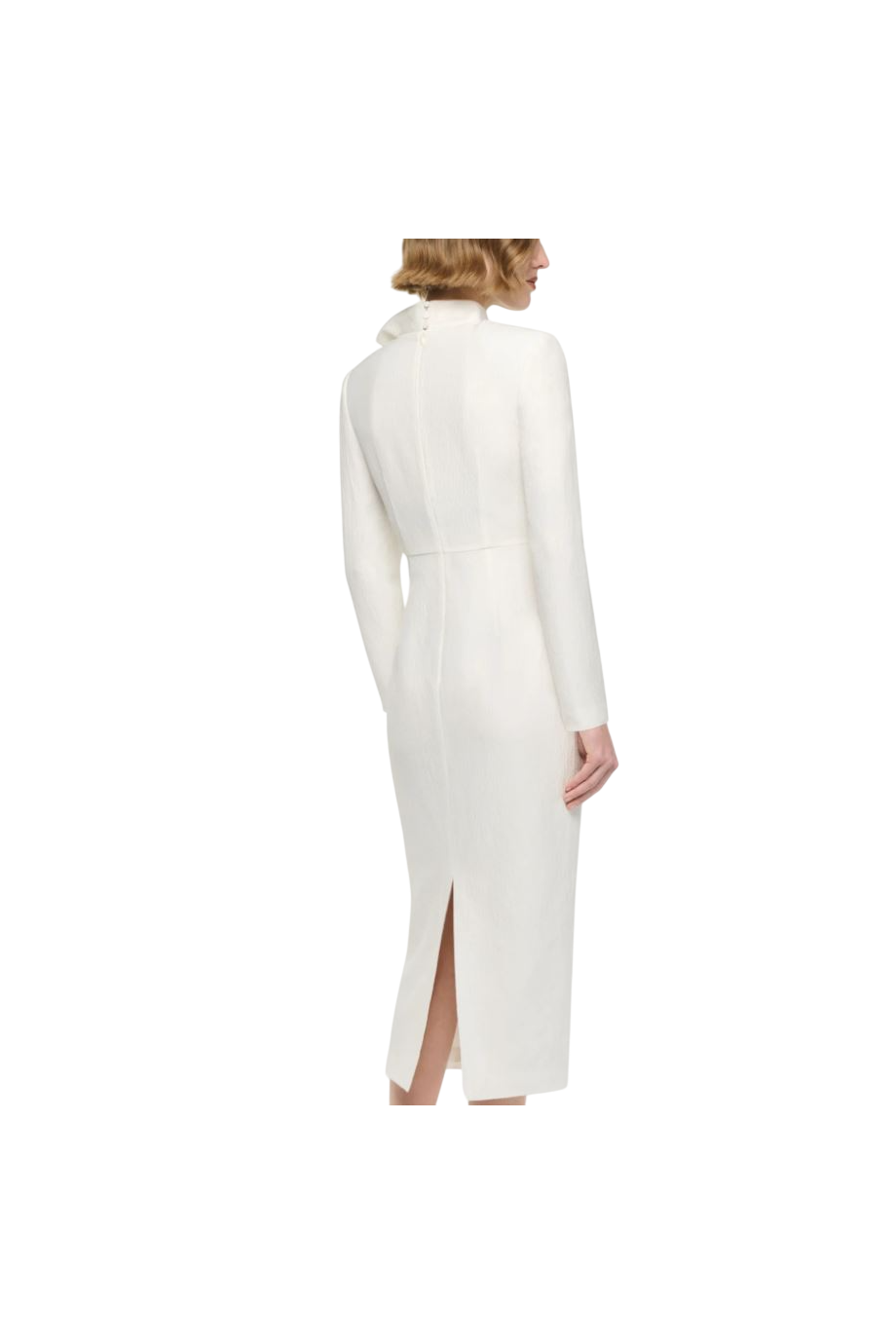Silk-ramie jacquard bow-neck midi dress in cream
