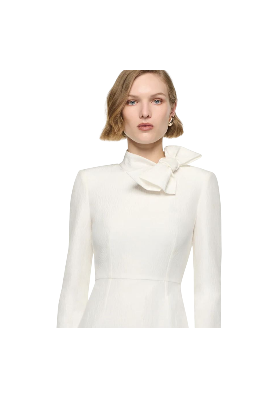 Silk-ramie jacquard bow-neck midi dress in cream