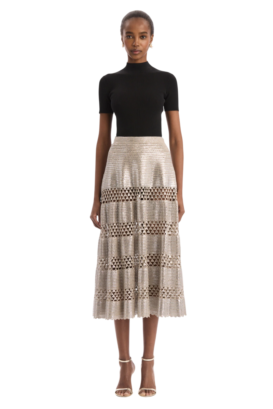 Foil crochet cotton midi skirt in silver