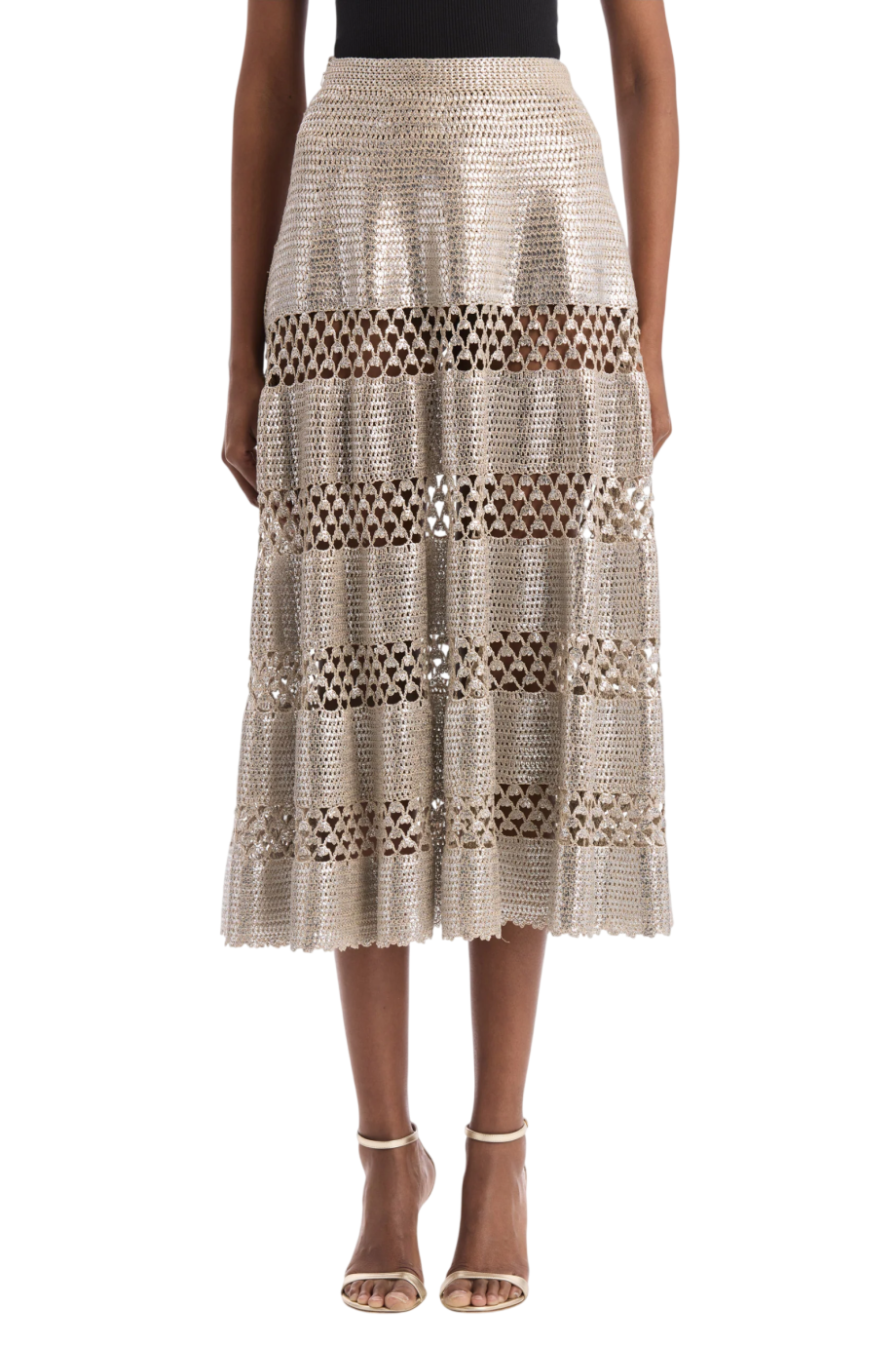 Foil crochet cotton midi skirt in silver