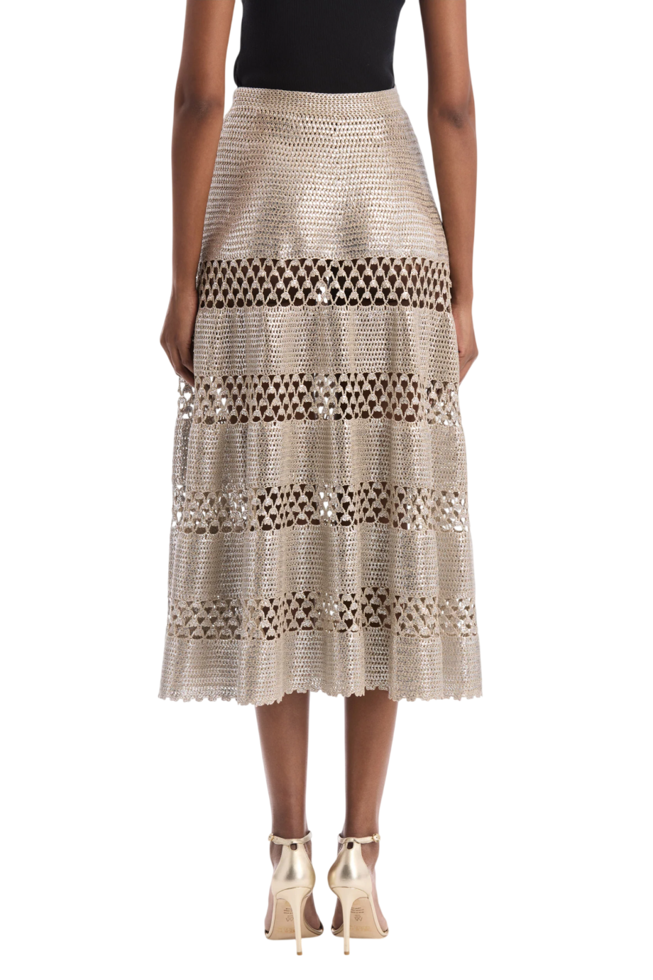 Foil crochet cotton midi skirt in silver