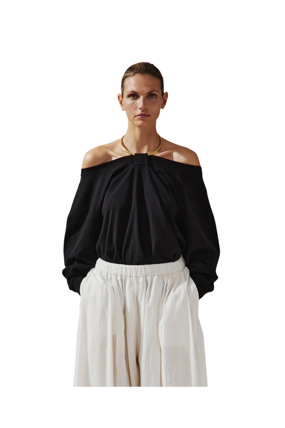 Erin alpaca blend necklace off-shoulder top in black