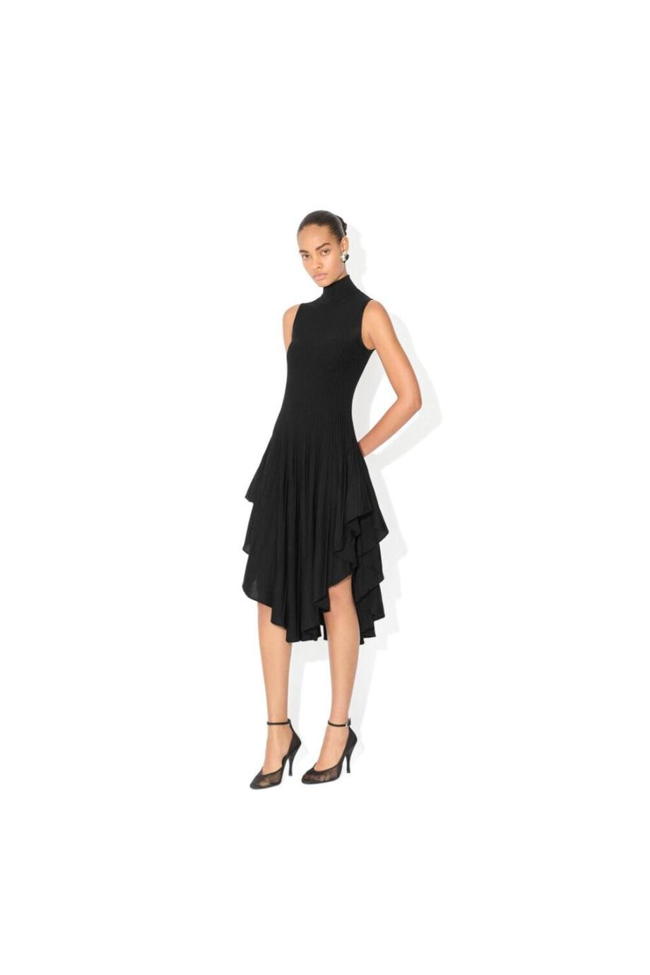 Pointed-hem velvet midi dress in black