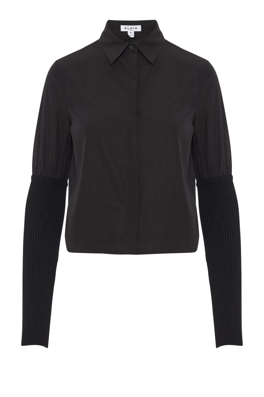 Rib-sleeve cotton poplin shirt in black