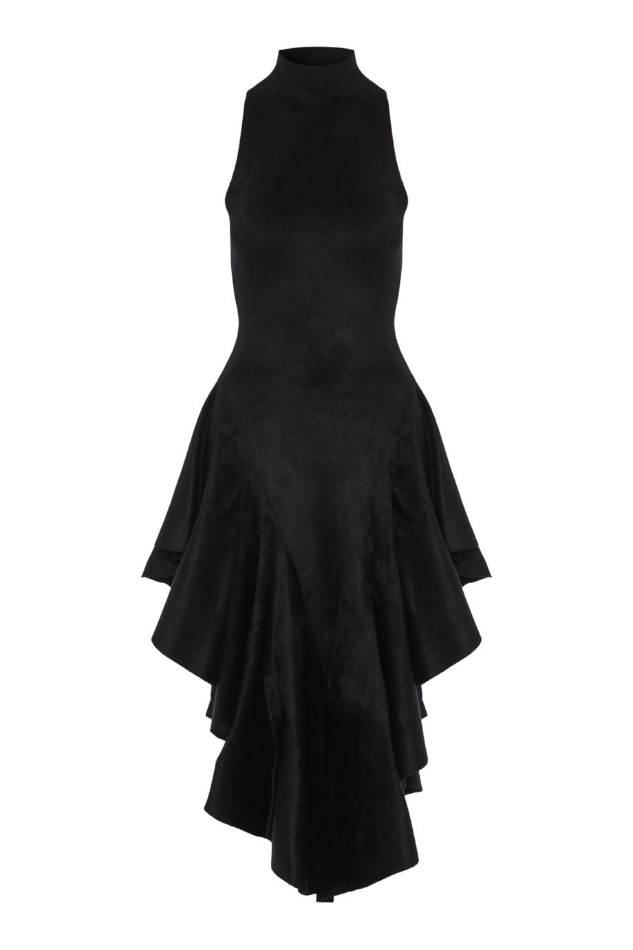 Pointed-hem velvet midi dress in in 3D sculpting knit - black