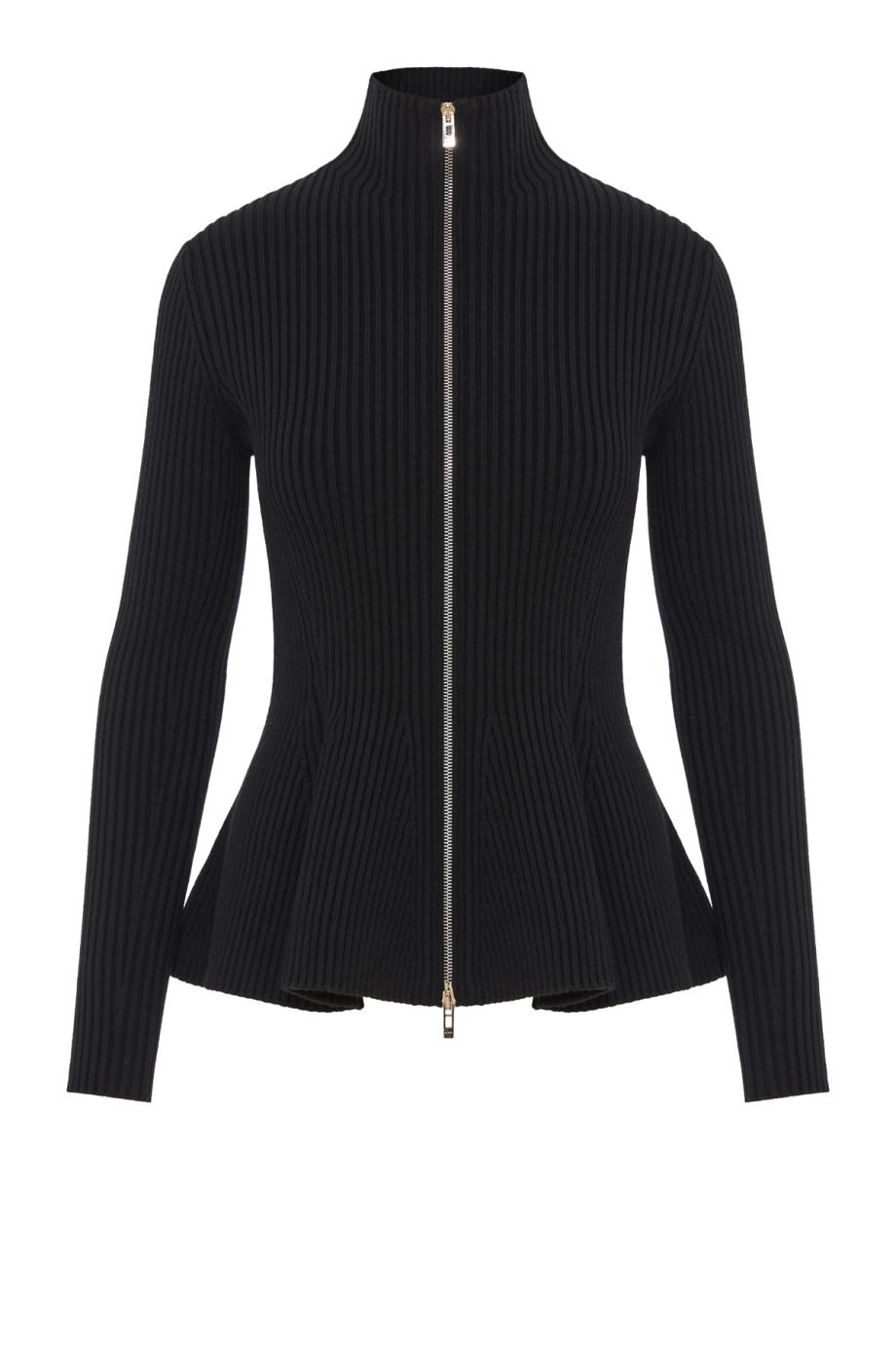 Ribbed wool-blend peplum cardigan in black