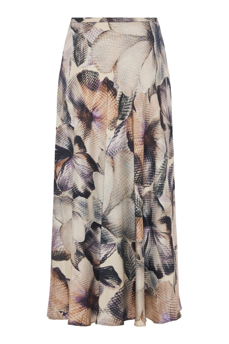 Printed bias-cut silk midi skirt in beige