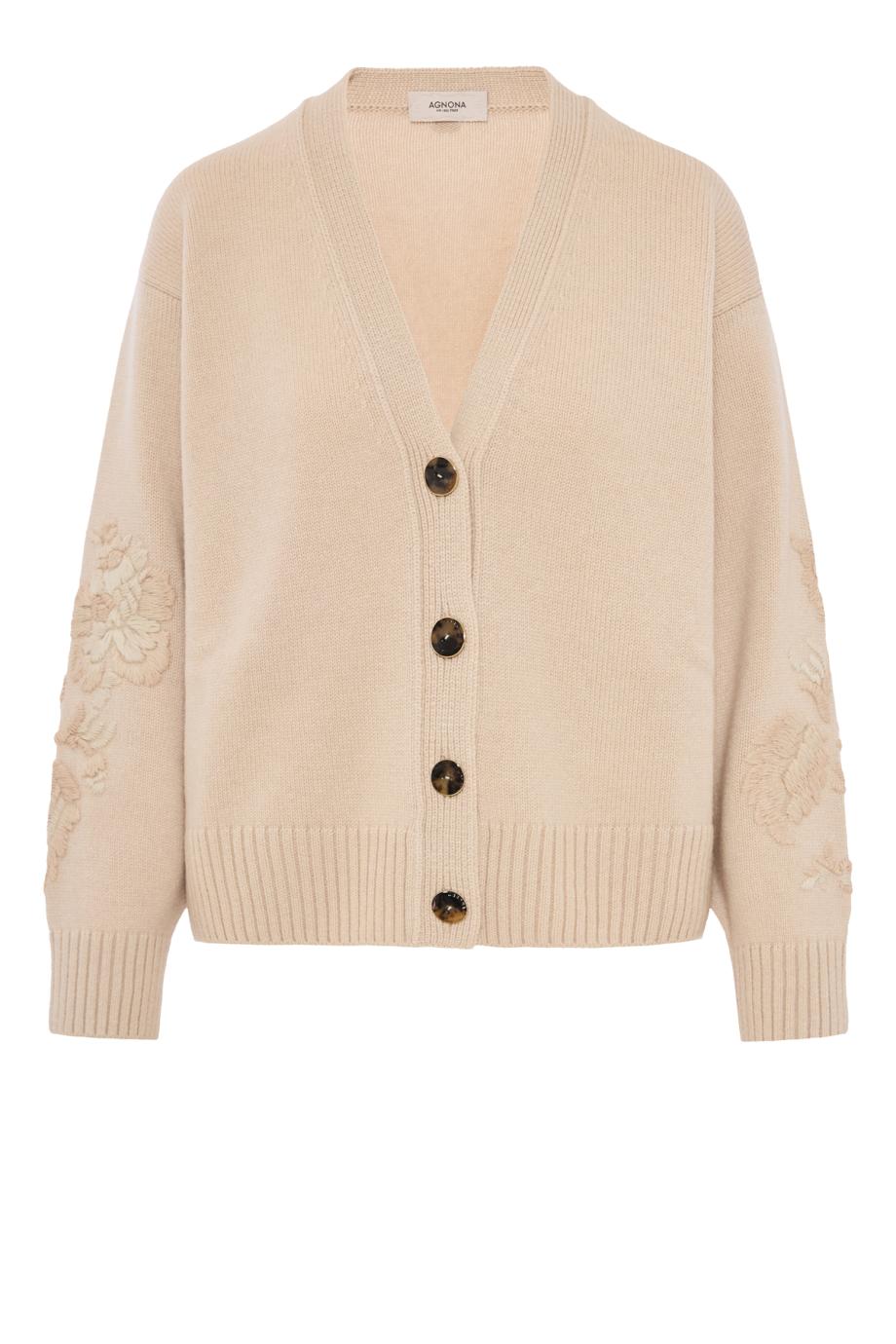 Embroidered cashmere cardigan in grege