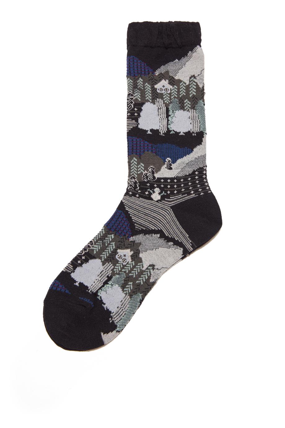 Winter scenic intarsia acrylic-blend socks in black