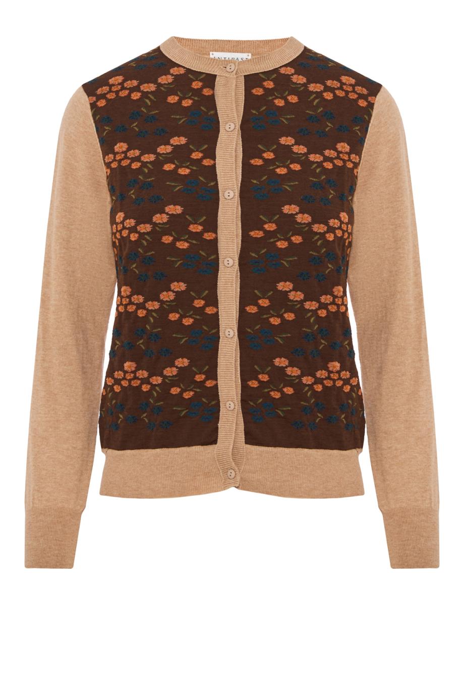 Intarsia knitted cotton and cashmere cardigan in brown