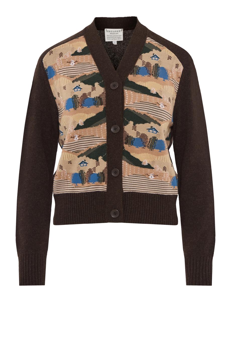 Intarsia knitted wool cardigan in brown
